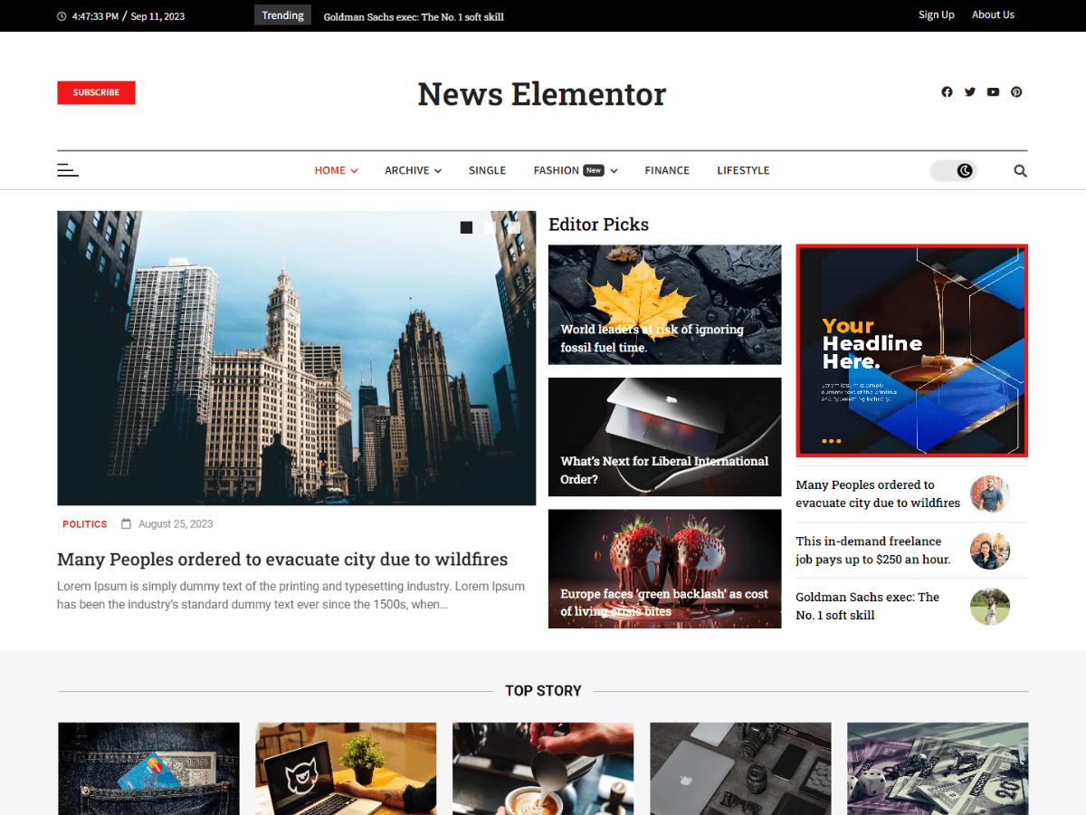 News Elementor theme screenshot
