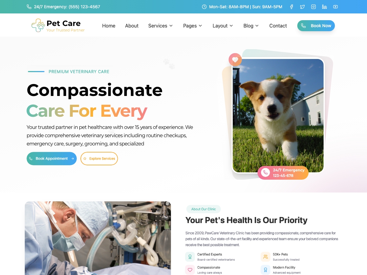 Pet Care Veterinary Center theme screenshot