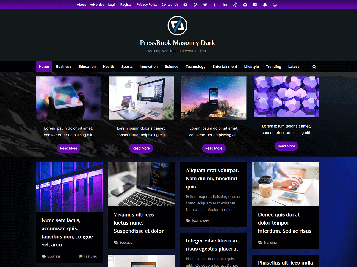 PressBook Masonry Dark theme screenshot